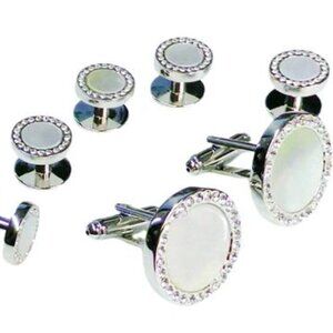 Genuine Mother Of Pearl Center/ Pavé CZ on Bezel Cufflinks and Studs